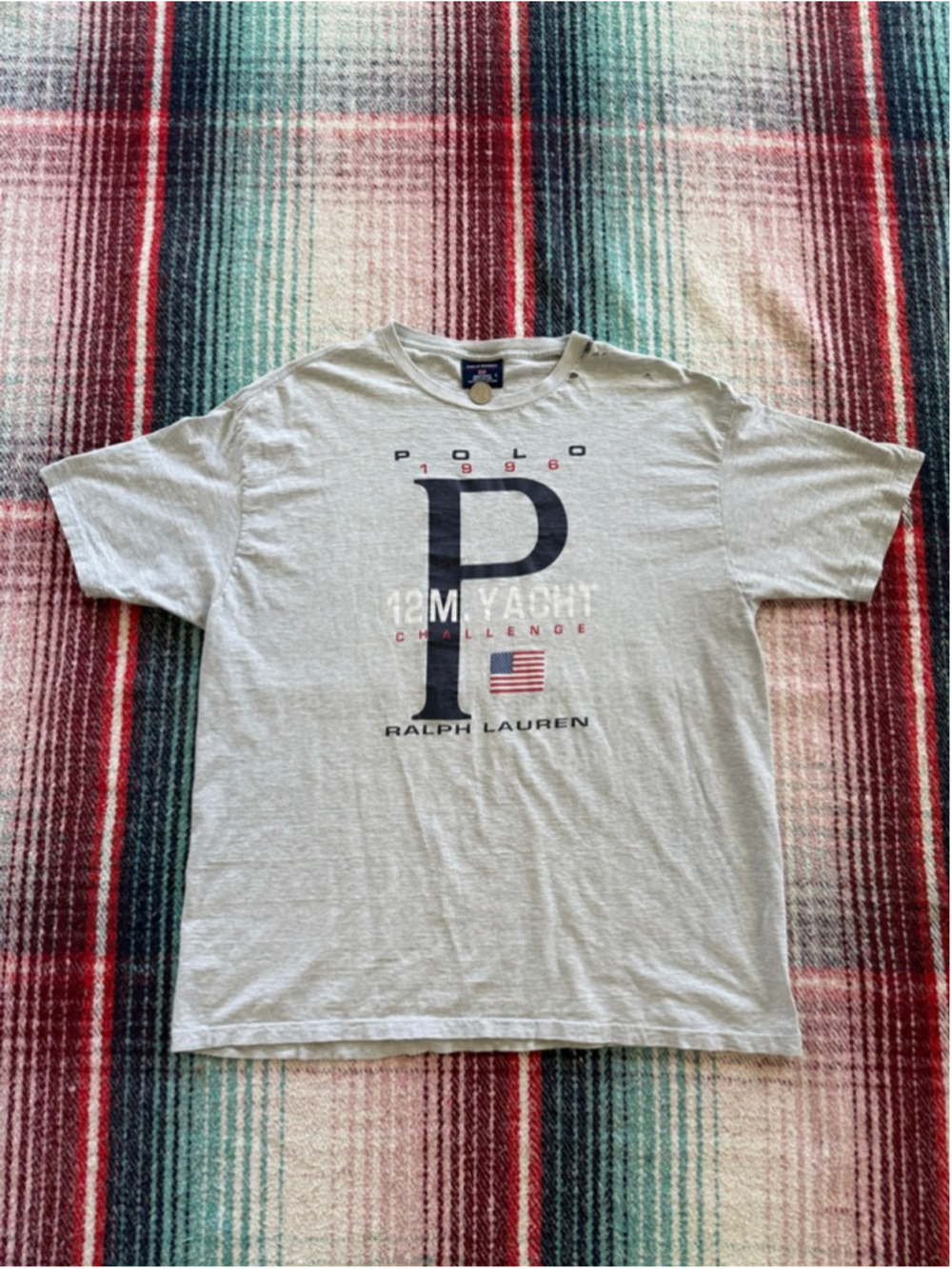 Vintage Polo Sport Ralph Lauren Gray 1996 12M Yacht Challenge Short Sleeve Tee L